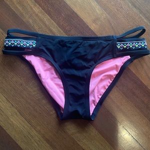 PINK Victoria’s Secret Split Side Strappy Embroidered Black Bikini Bottom